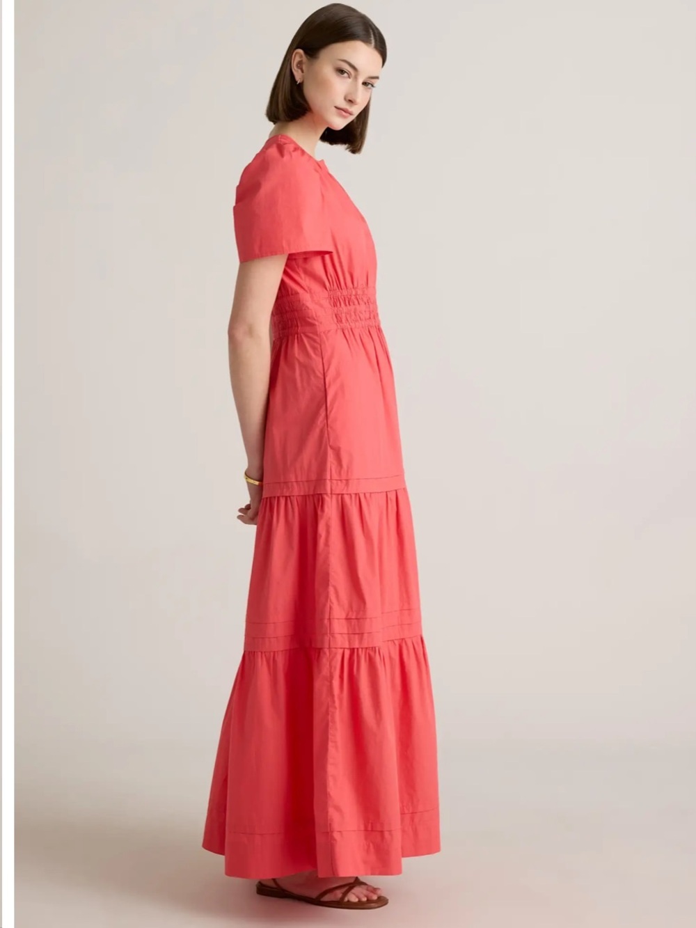 Quince 100% Organic Cotton Poplin Tiered M Maxi Dress Smocked Lightweight Coral - Picture 10 of 16